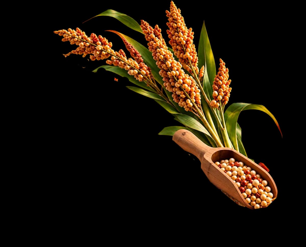 Jowar stalks with a stream of grains pouring from a wooden scoop